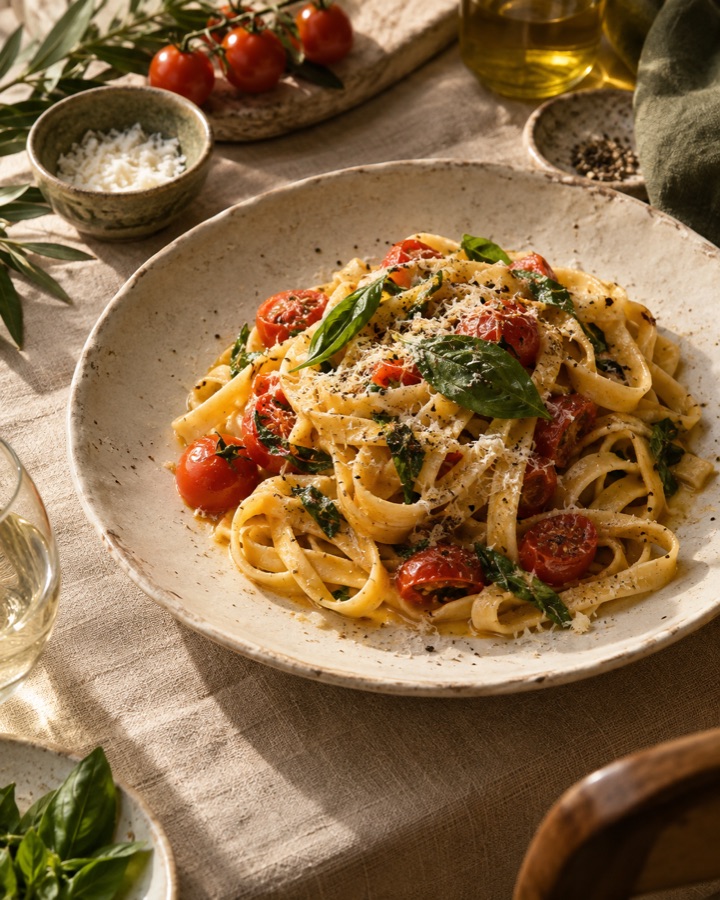 Pasta fresca con albahaca y tomates
